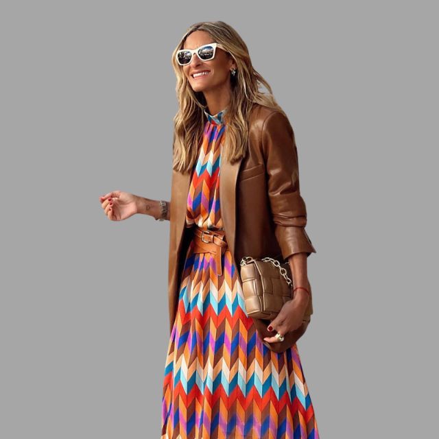 Colorful midi dress with herringbone pattern and belt
