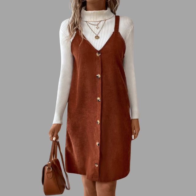Mune | Dress In Cord with Straps, V-Neck and Button Details