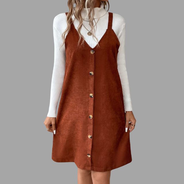 Mune | Cord dress with straps, V neck and button details