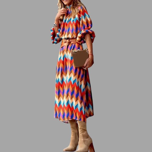 Colorful midi dress with herringbone pattern and belt