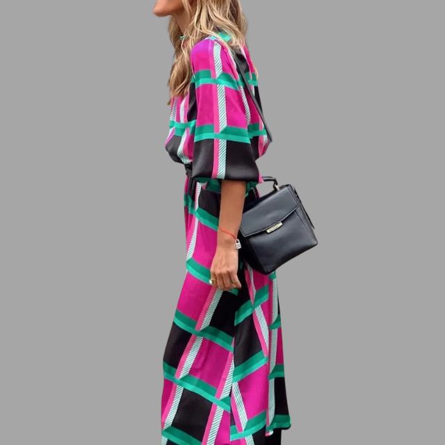 Colorful midi dress with herringbone pattern and belt