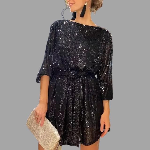 Mune | Mini Skirt Dress with Sequins, Pleated Waist and Wide Sleeves
