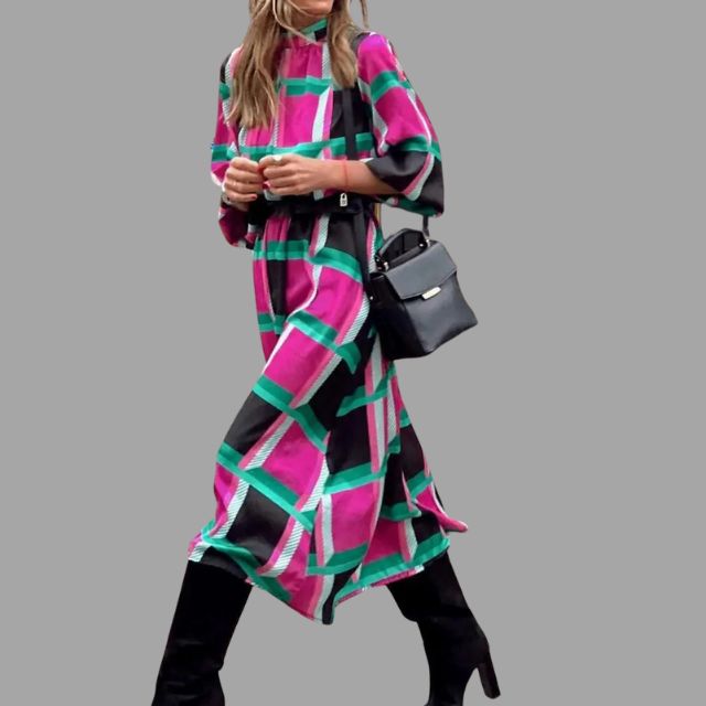 Colorful midi dress with herringbone pattern and belt
