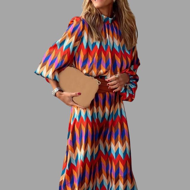 Colorful midi dress with herringbone pattern and belt
