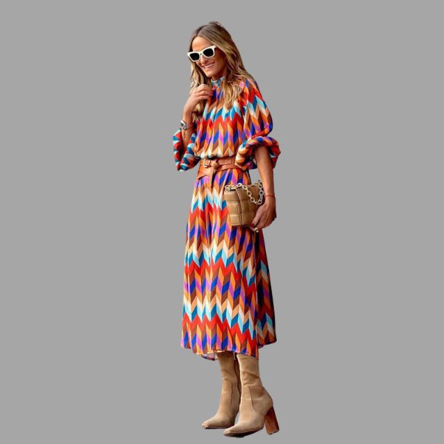 Colorful midi dress with herringbone pattern and belt