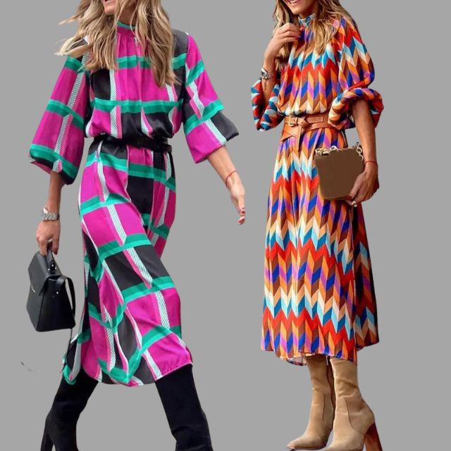 Colorful midi dress with herringbone pattern and belt
