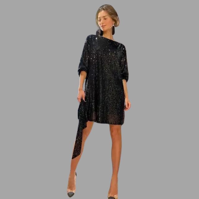 Mune | Mini Dress with Sequins, Pleated Waist and Wide Sleeves