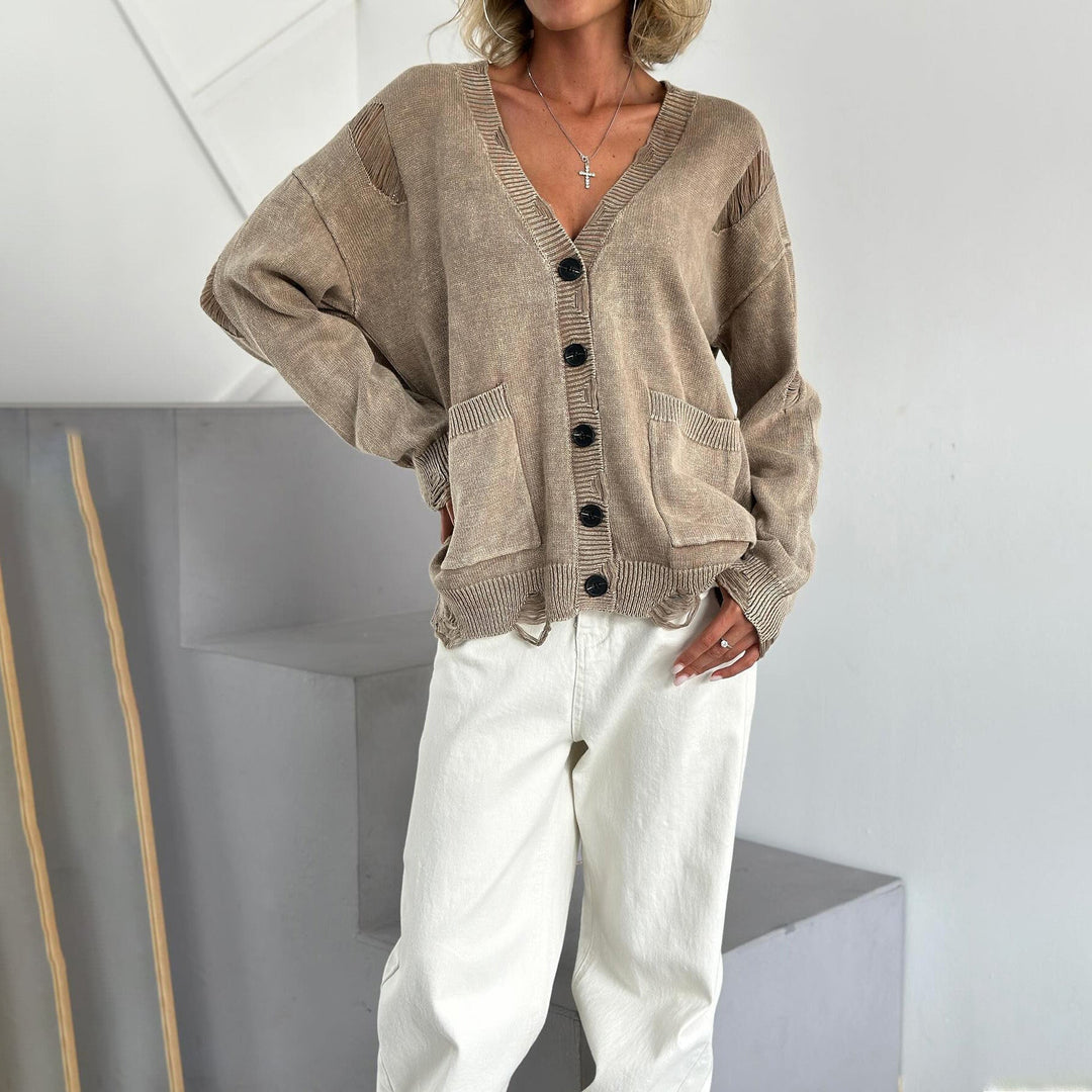 Mune | Women's Cotton Blend Sweater with V-Neck and Patch Pockets
