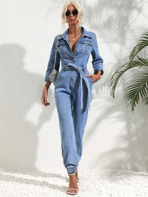 Mune | Casual Denim Jumpsuit with Belt and Long Sleeves for Women