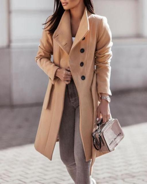 Mune | Ladies Long Trench Coat with Button Closure and Waist Belt