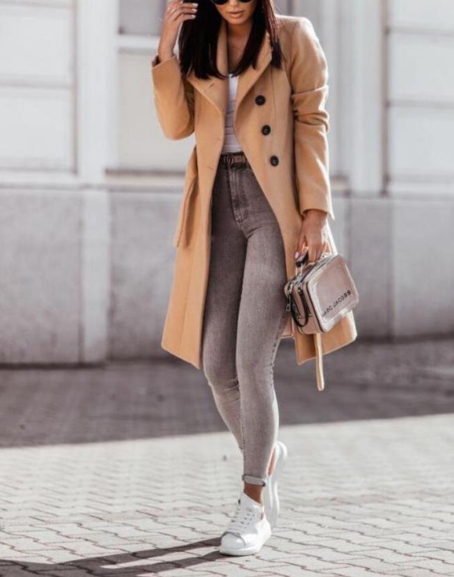 Mune | Ladies Long Trench Coat with Button Closure and Waist Belt