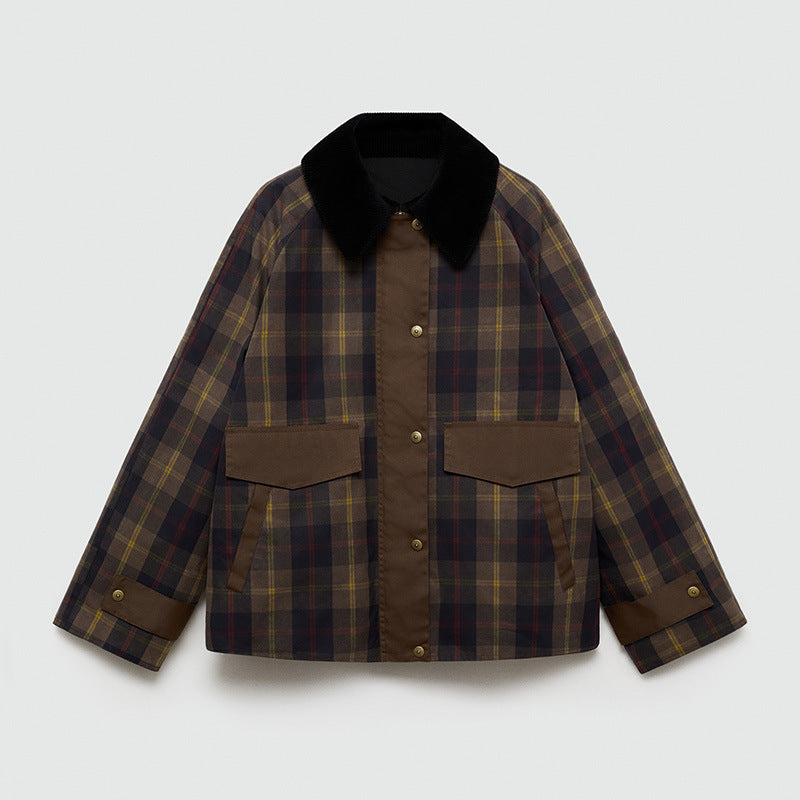Mune | Women's Warm Checked Jacket with Soft Faux Fur Collar and Large Pockets