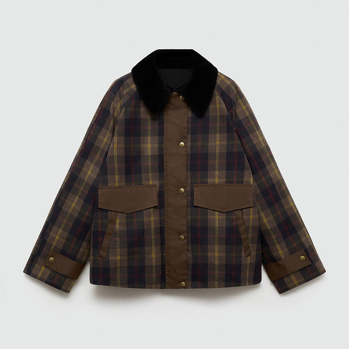 Mune | Women's Warm Checked Jacket with Soft Faux Fur Collar and Large Pockets