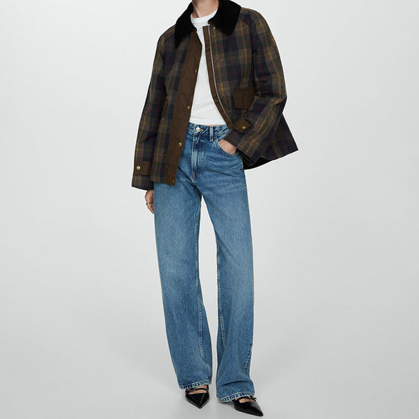 Mune | Women's Warm Checked Jacket with Soft Faux Fur Collar and Large Pockets