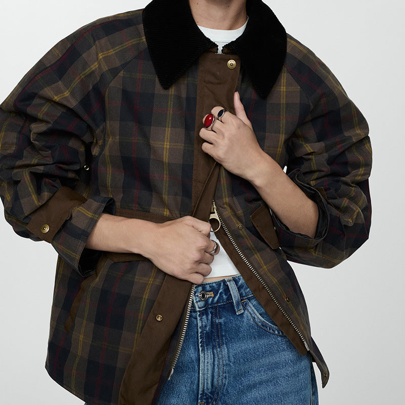 Mune | Women's Warm Checked Jacket with Soft Faux Fur Collar and Large Pockets