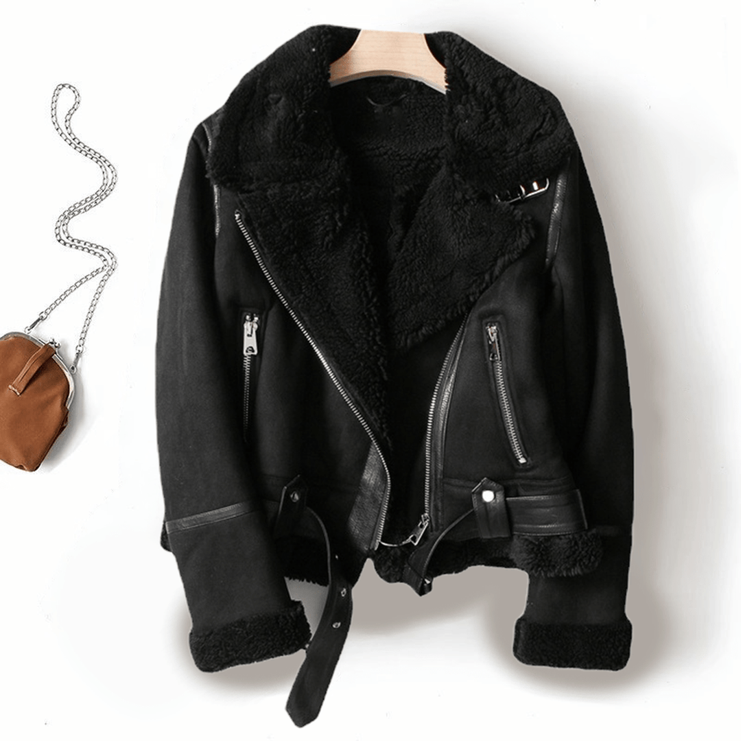 Mune | Women's Sherpa Lined Leather Jacket with Ribbed Cuffs