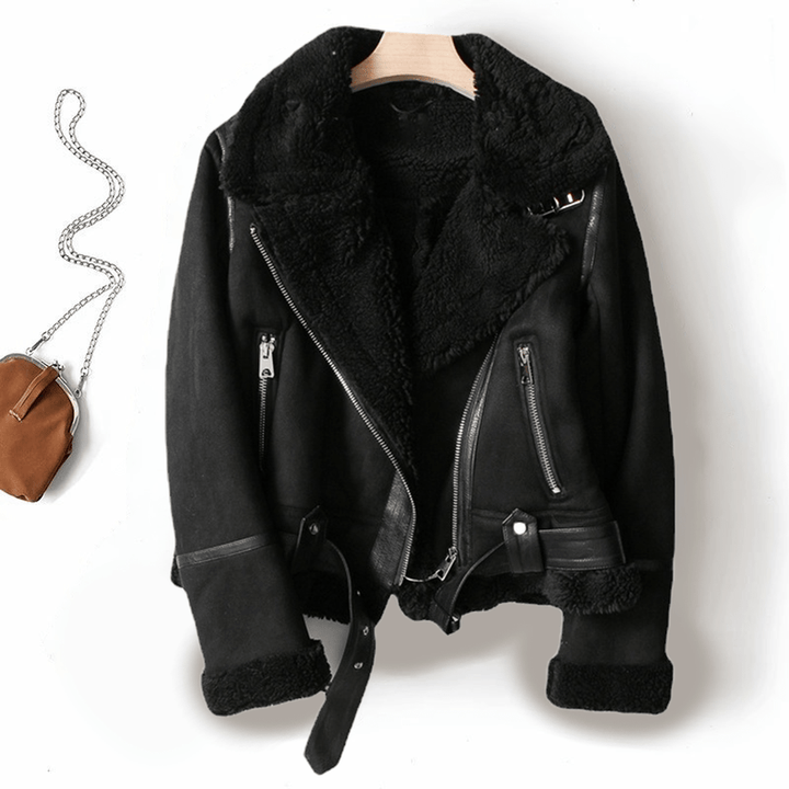 Mune | Women's Sherpa Lined Leather Jacket with Ribbed Cuffs