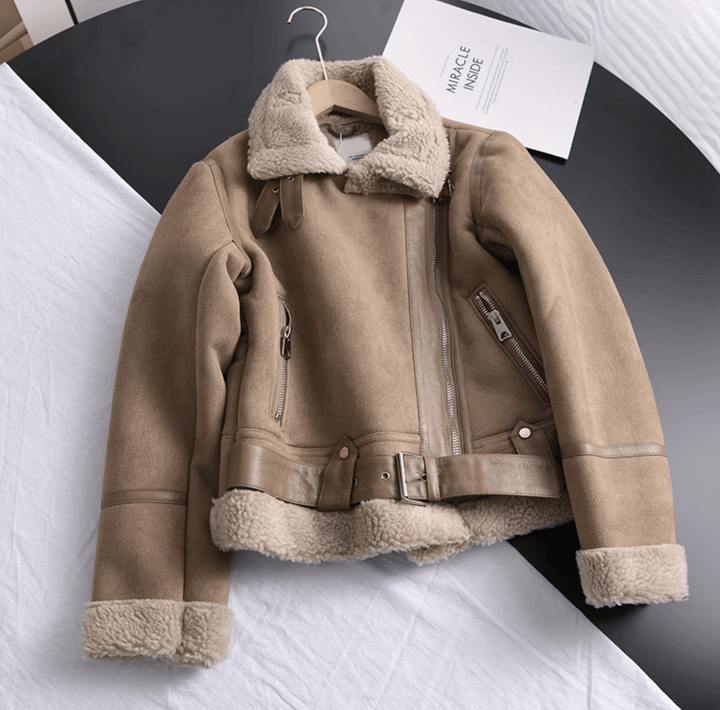 Mune | Women's Sherpa Lined Leather Jacket with Ribbed Cuffs