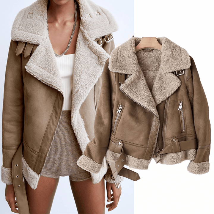 Mune | Women's Sherpa Lined Leather Jacket with Ribbed Cuffs