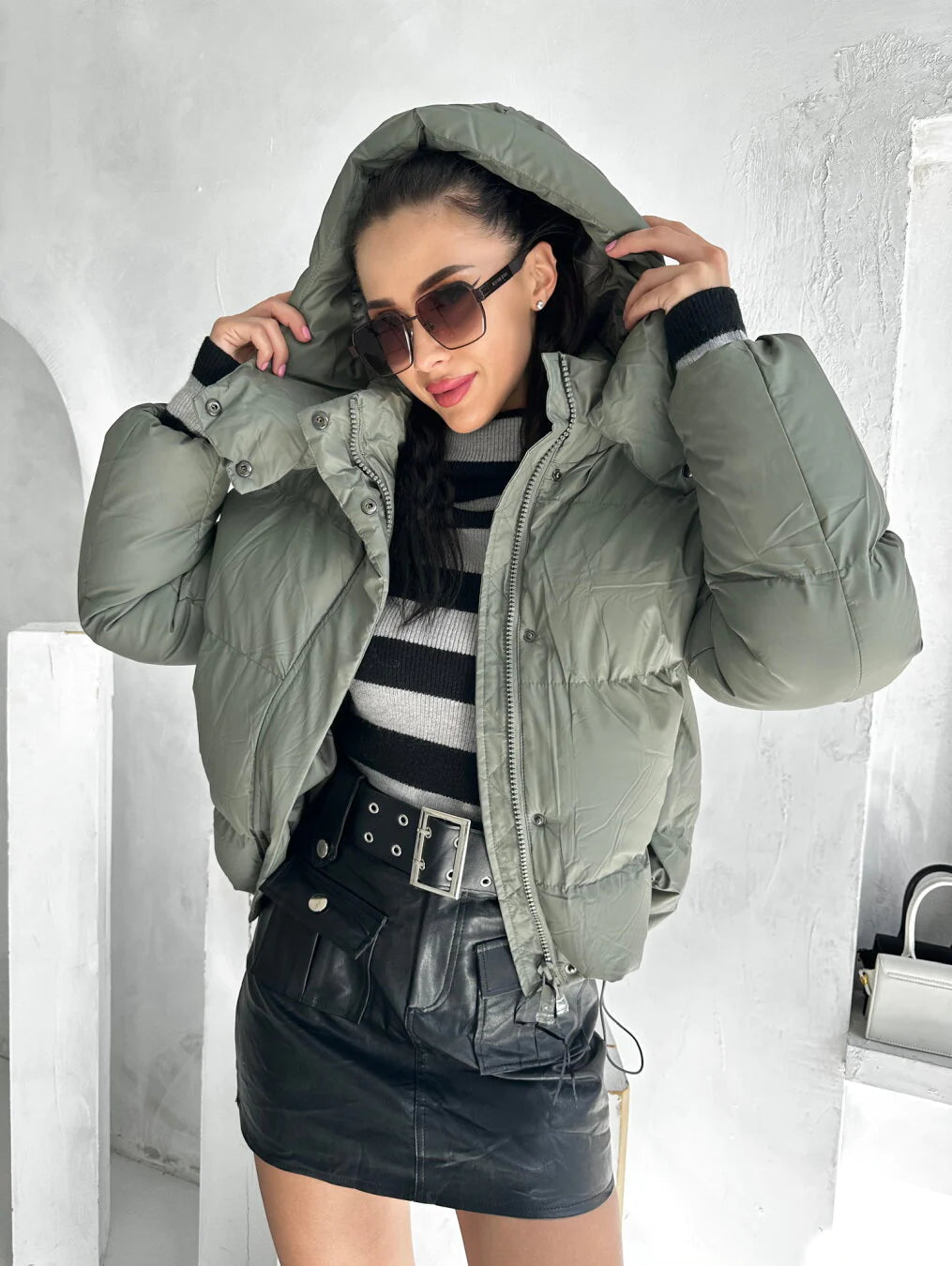 Mune | Women's Padded Puffer Jacket with High Collar and Shiny Finish