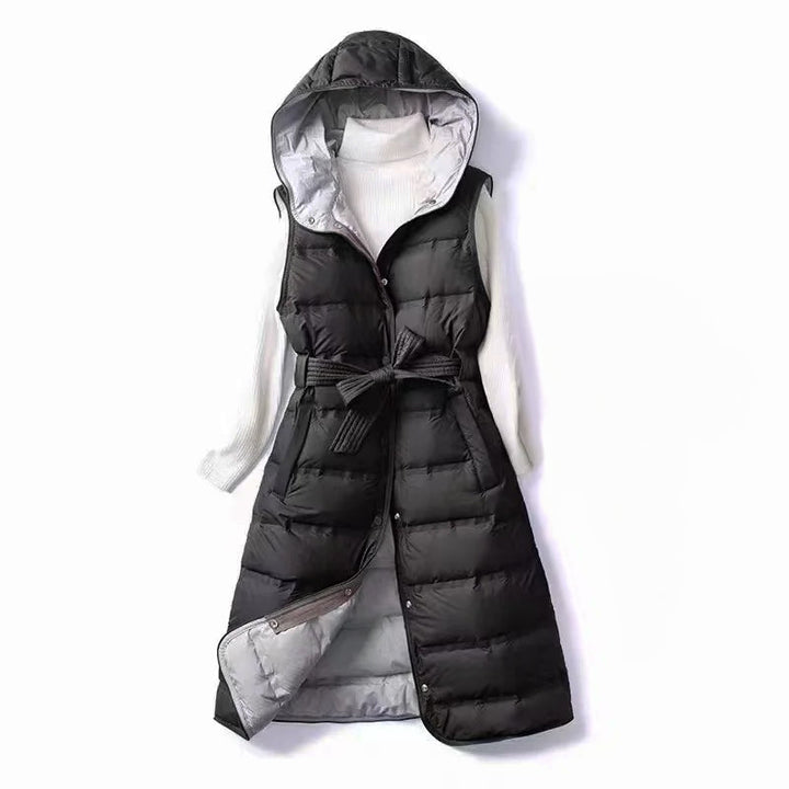 Mune | Women's Lined Long Vest with Hood and Waist Belt