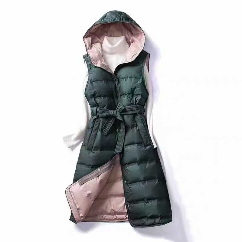 Mune | Women's Lined Long Vest with Hood and Waist Belt