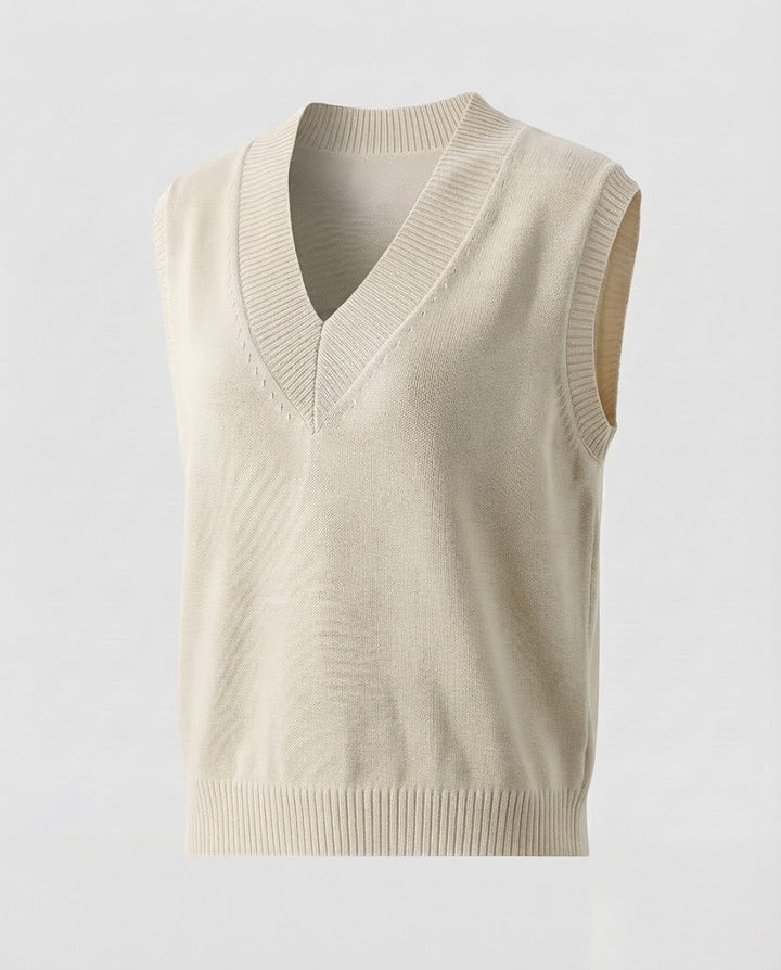 Ladies' Sleeveless Fine Knitted Vest with Deep V-Neck and Ribbed Hem Mune Fashion