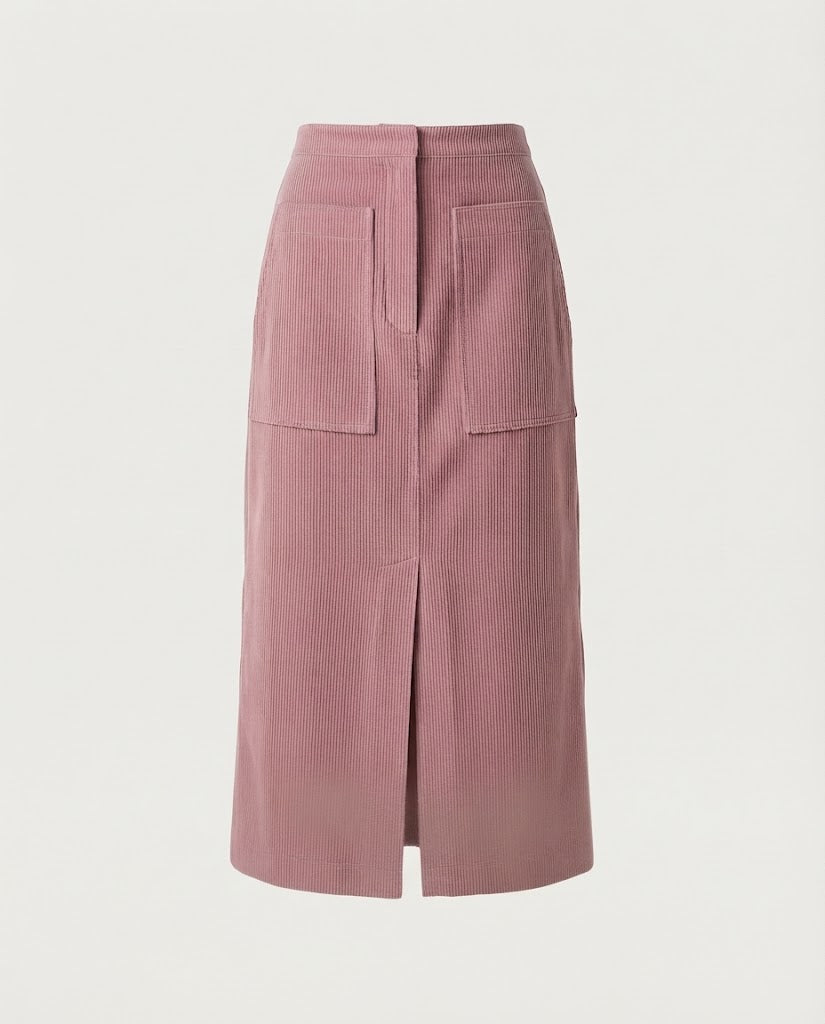 Women High-waisted Cord Midi Skirt with Patch Pockets and Front Slit Mune Fashion