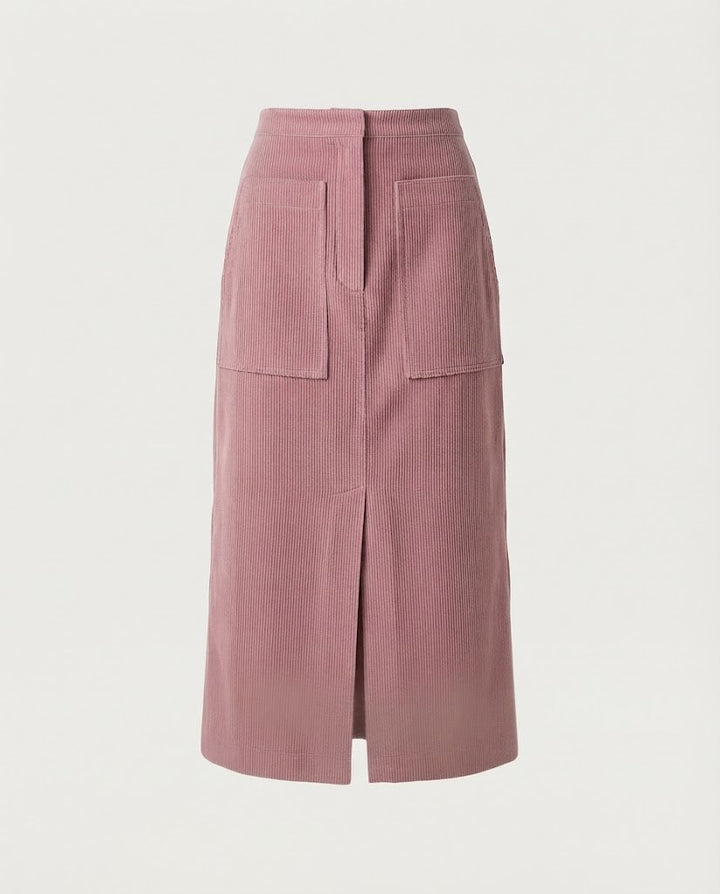 Women High-waisted Cord Midi Skirt with Patch Pockets and Front Slit Mune Fashion