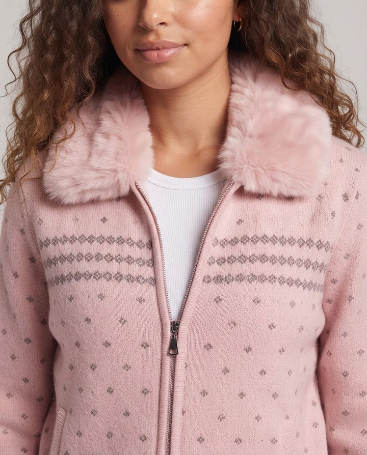 Women's knitted hoodie jacket with faux fur trim and zipper Mune Fashion