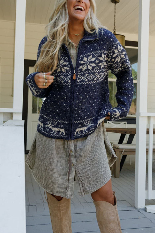 Mune | Christmas Snowflake Moose Zip Long Sleeve Sweater