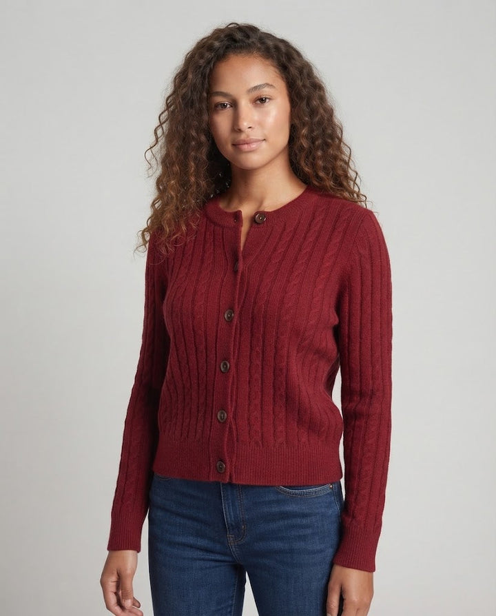 Women's Short-Cut Cable Knit Cardigan with Drawstring and Horn Button Placket Mune Fashion