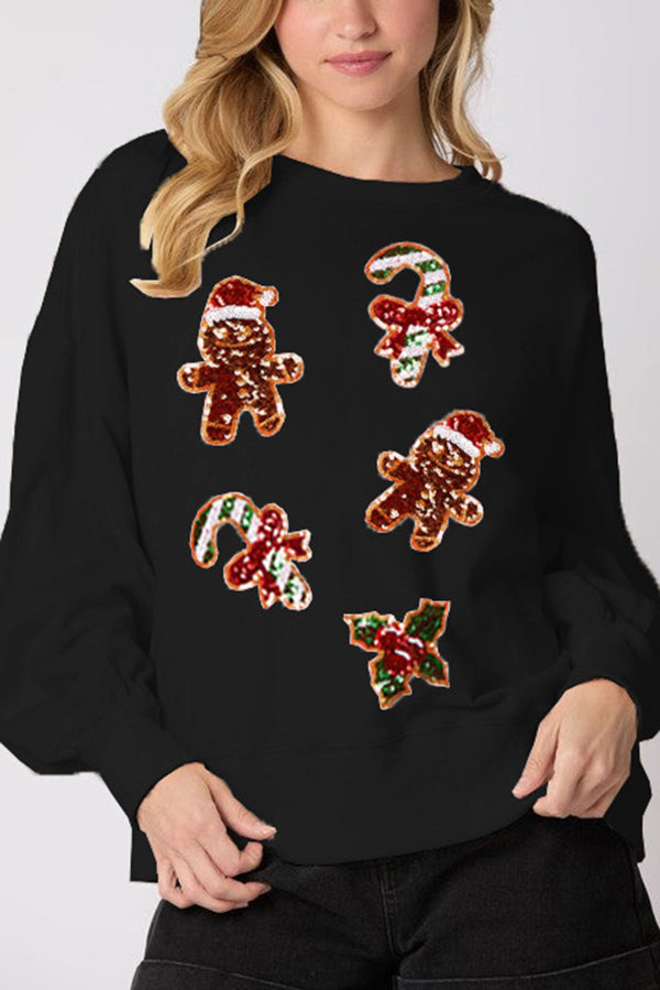 Mune | Christmas Gingerbread Man Sequin Casual Long Sleeve Sweatshirt