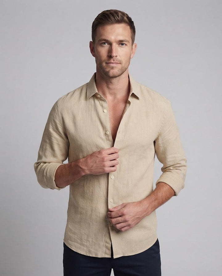 Men's Lightweight Comfort Linen Shirt with Button Placket and Rounded Hem Mune Fashion