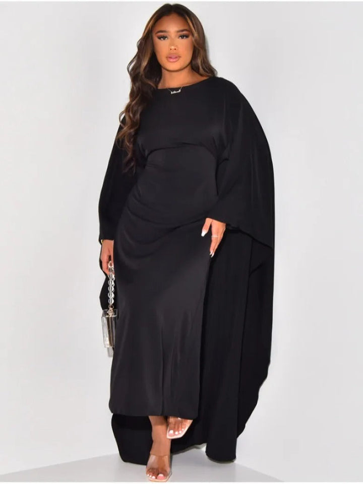 Mune | Elegant Maxi Dress with Round Neckline & Wide Sleeves – Women's Evening Dress with High Waist Long Dress for Festive Occasions