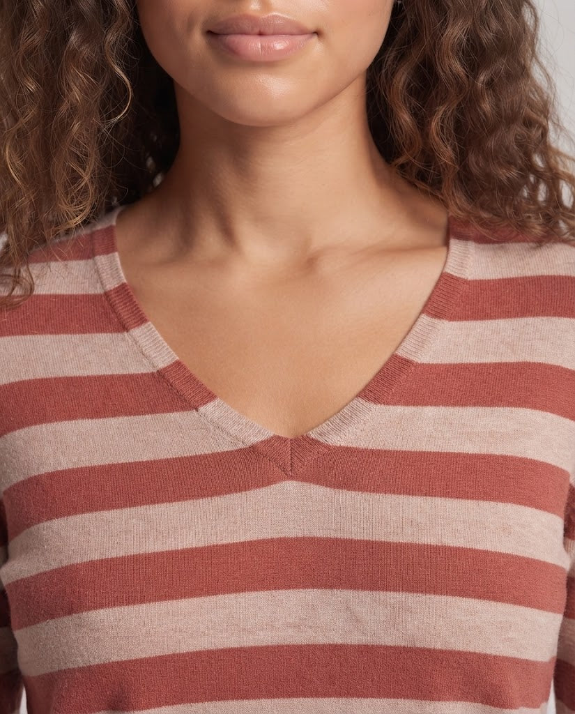 Women's Striped Fine Knit Sweater with V-Neck and Casual Oversized Fit Mune Fashion