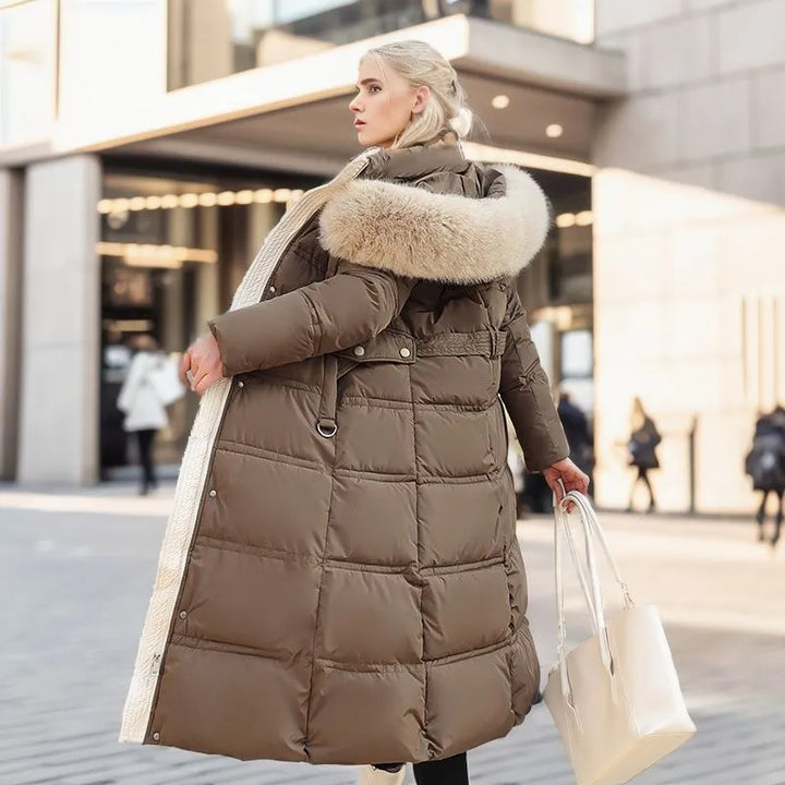Mune | Women's Long Winter Coat with Fur Hood and Belt