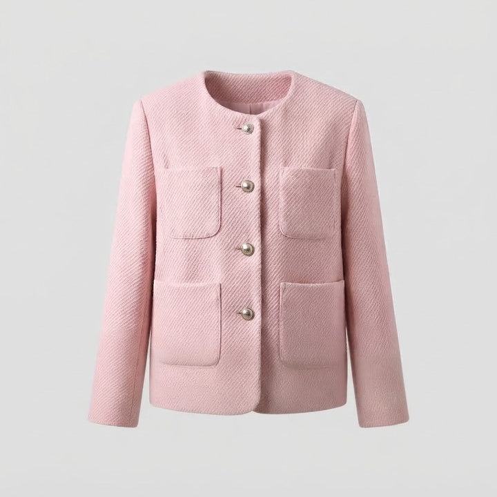 Women's Short Cut Boucle Jacket with Round Neckline, Patch Pockets and Decorative Buttons Mune Fashion
