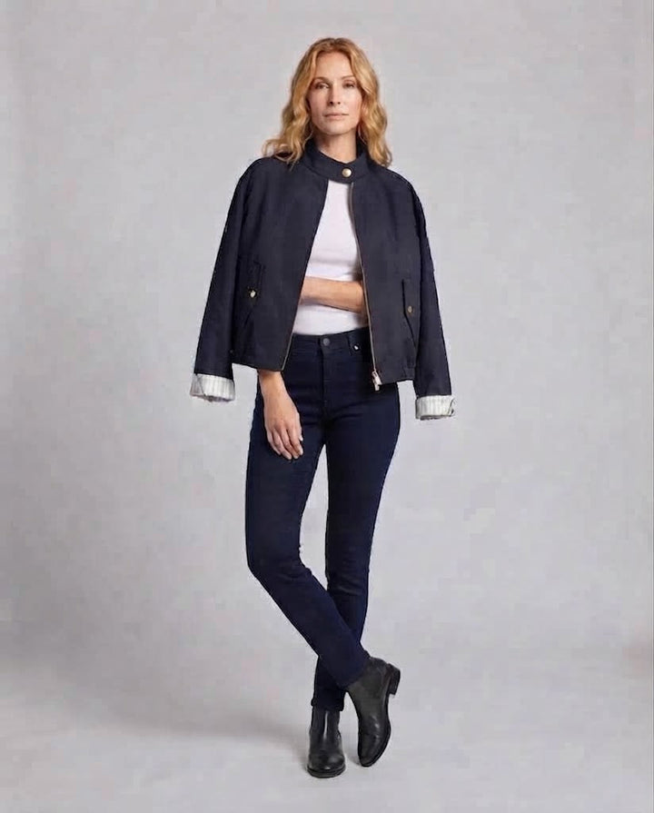 Women's Cropped Utility Jacket with Stand Collar, Drawstring Hem and Gold-Colored Details Mune Fashion