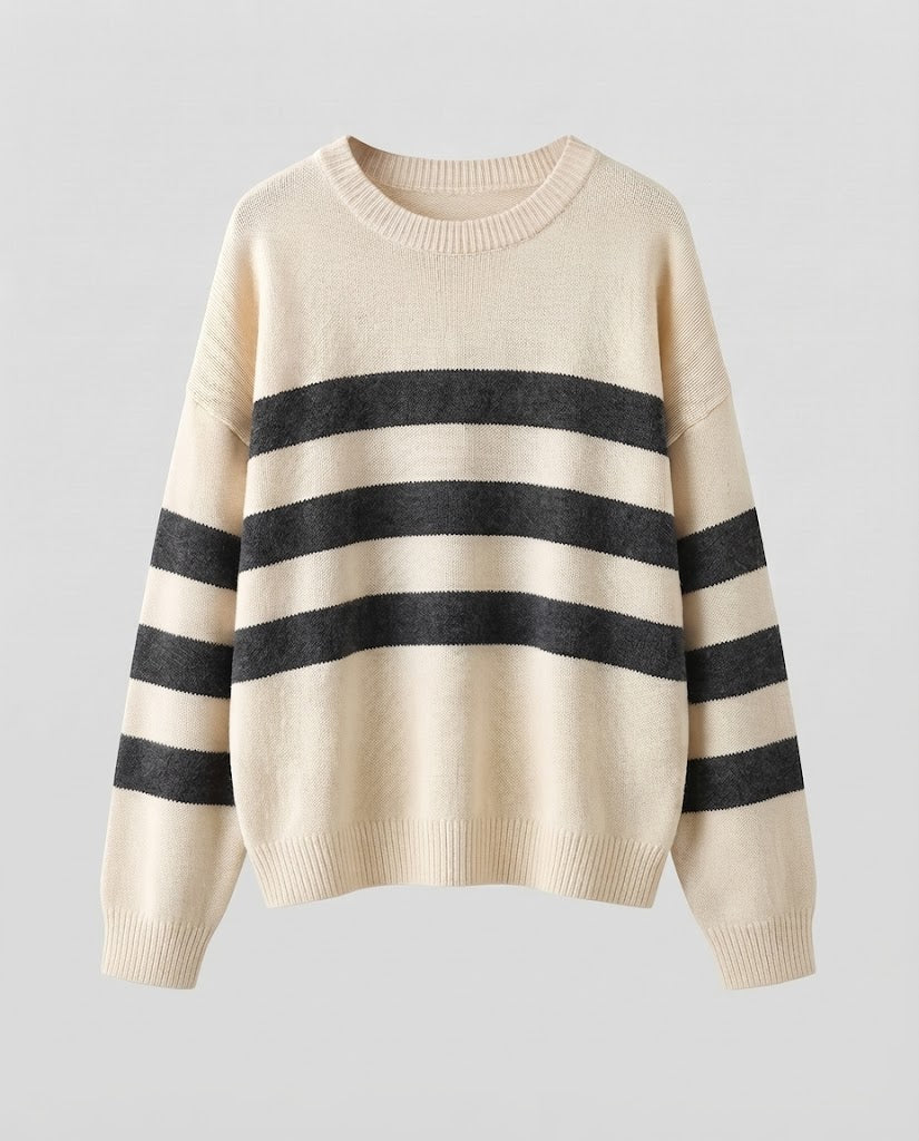 Ladies Striped Fine Knit Sweater with Round Neck, Dropped Shoulder and Loose Silhouette Mune Fashion