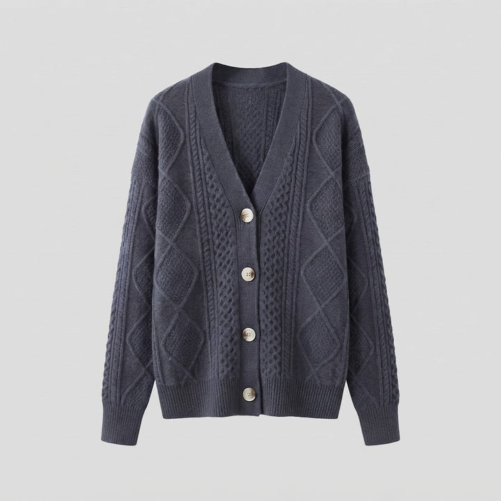 Women Fine Wool Blend Cardigan with Cable Pattern, V-Neck and Pearl Buttons Mune Fashion