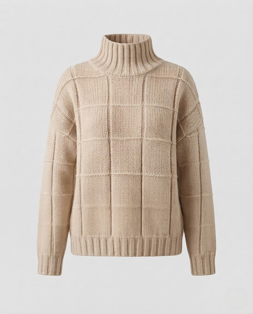 Women Checked Fine Knit Mock Neck Sweater with Boxy Oversize Silhouette Mune Fashion