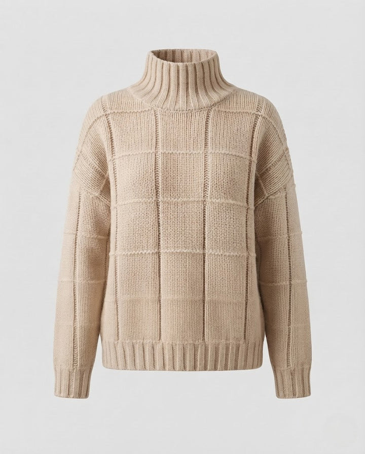 Women Checked Fine Knit Mock Neck Sweater with Boxy Oversize Silhouette Mune Fashion