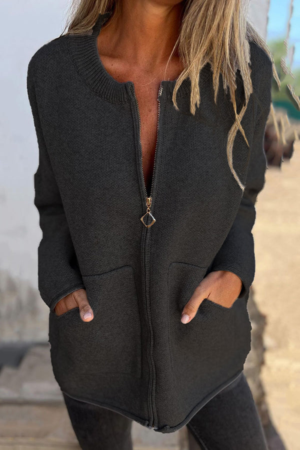 Mune | Color Crew Neck Long Sleeve Casual Zipper Pocket Cardigan