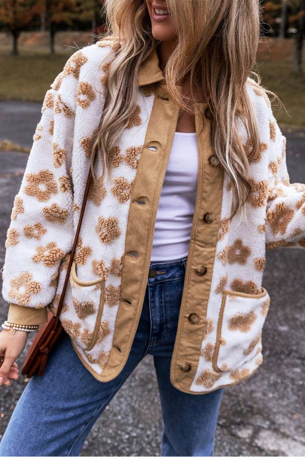 Mune | French Beige Sweet Floral Pattern Button Placket Fleece Jacket