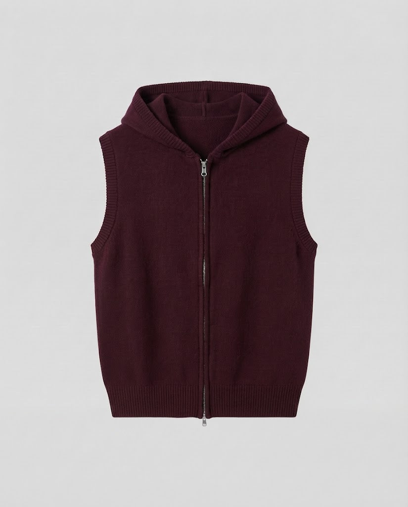Women's Sleeveless Knitted Vest with Hood and Zipper Mune Fashion