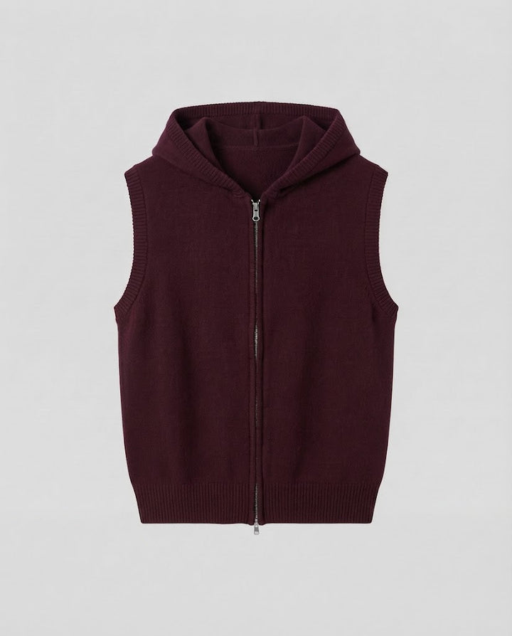 Women's Sleeveless Knitted Vest with Hood and Zipper Mune Fashion