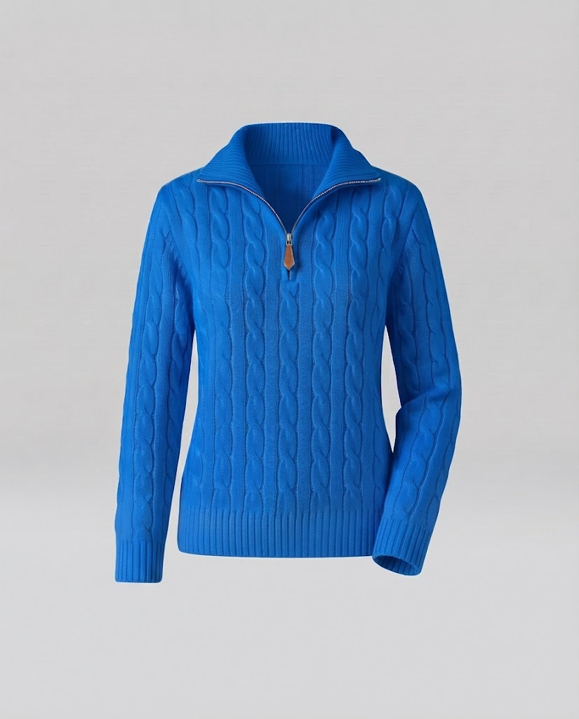 Women's Cable Knit Sweater with Half Zipper and Stand-Up Collar Mune Fashion