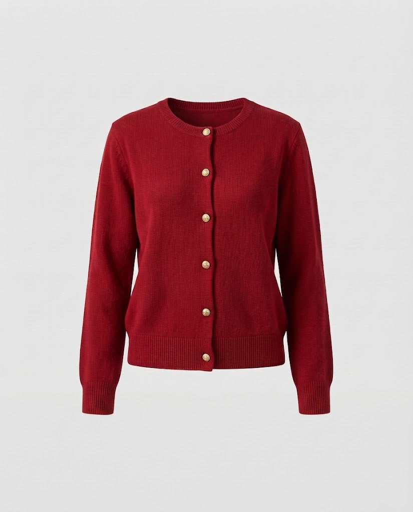 Women's Boxy Button Cardigan made of fine knit with gold shimmering decorative buttons and ribbed finishes Mune Fashion