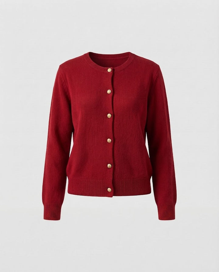 Women's Boxy Button Cardigan made of fine knit with gold shimmering decorative buttons and ribbed finishes Mune Fashion